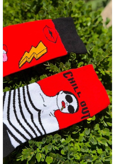 Lousocks Unisex Sağlı Sollu Chill Out Desenli Soket Çorap Kırmızı