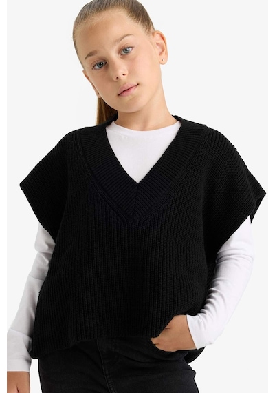 Defacto Kız Çocuk Oversize Geniş Kalıp V Yaka Triko Süveter F2625a825aubk27 Siyah