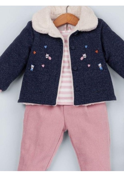 Baby Rose Kız Bebek Örme Kot Ceket Pantolonlu 3 Lü Takım-14925 Çok Renkli