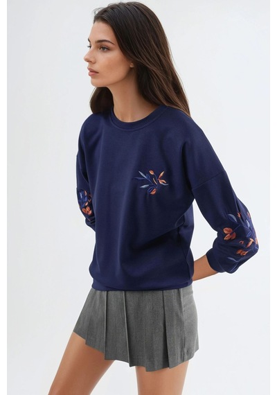 Hiccup Modal Dokulu İşlemeli Bisiklet Yaka Sweatshirt Berşan Collection Lacivert