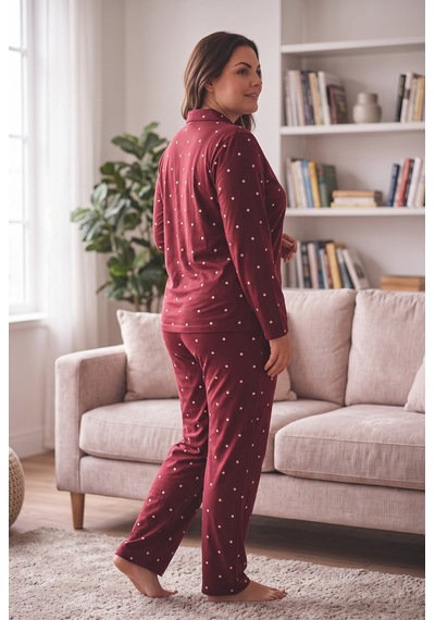 Seboteks Süet Kumaş Önden Düğmeli Büyük Beden Kadın Pijama Takımı 2800 Bordo