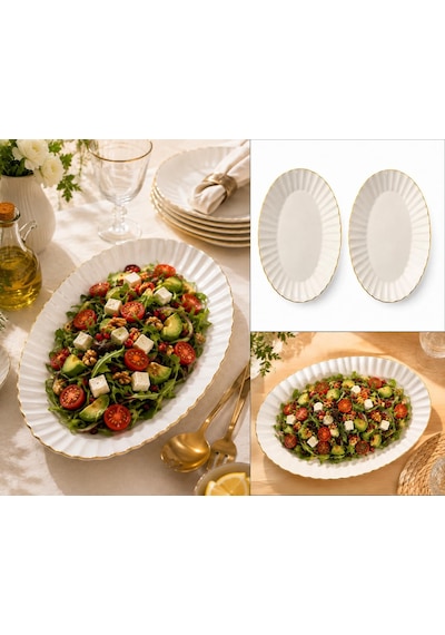Oval Porselen Tabak Seti, Altın Kenarlı, Krem Rengi, 2'li Salata Meze Tabağı Sofra Şık Sunum Servis Kahvaltılık Atıştırmalık Çerez Seramik İnce Altın Detaylı 32x13 Çok Renkli