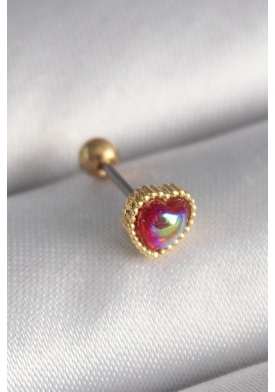 316l Çelik Gold Renk Kırmızı Mineli Kalp Tragus Piercing 5886 Çok Renkli