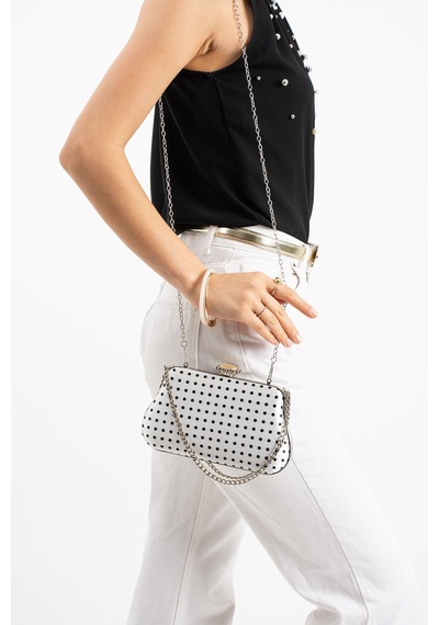Lebibe Shoes Polkıa Beyaz Saten Kumaş Puantiye Desenli Zincir Askılı Klips Kapamalı Clutch Çanta