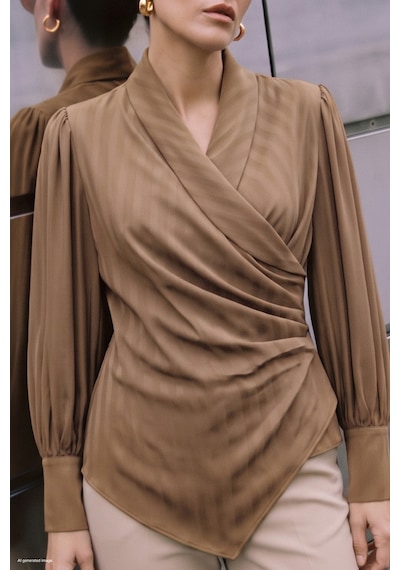 Sateen Çizgi Desenli Kruvaze Bluz - Sütlü Kahve-137989