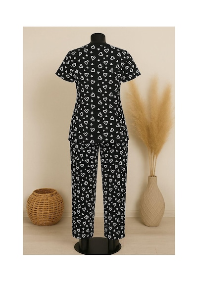Fantezia Night Kadın Siyah Beyaz Kalp Desenli Fiyonklu Kısa Kollu Pijama Takımı