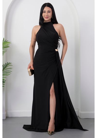 Kalopya Halter Yaka Drapeli Tokalı Abiye Elbise Ecr5862 Siyah