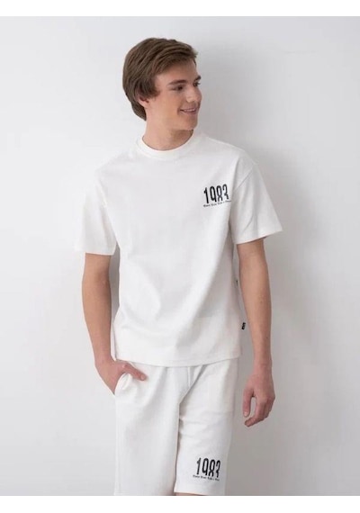 Erkek Çocuk 1983 Yazılı Pamuklu Oversize T-shirt Şortlu Takım-15797 Ekru
