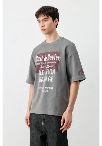 Vamos Oversize Baskılı Tişört V70-167 Füme