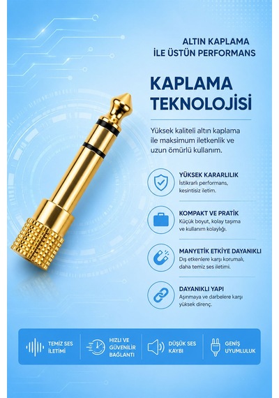 3.5mm Dişi - 6.35mm Erkek Ses Dönüştürücü Adaptör, Stereo Jak Çevirici, Kulaklık Mikrofon Hoparlör Amfi Mikser Uyumlu, Altın Kaplama, Metal Gövde, Tak Çalıştır S310