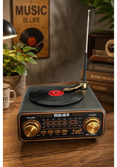 Meier Md-1320bt Siyah Nostaljik Görünümlü Bluetooth Hoparlör Ve 3 Bantlı Şarjlı Radyo