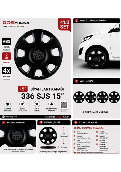 Alfa Romeo Uyumlu 15 Inç Kırılmaz Parlak Siyah Jant Kapağı 1 Takım 4 Adet No:336