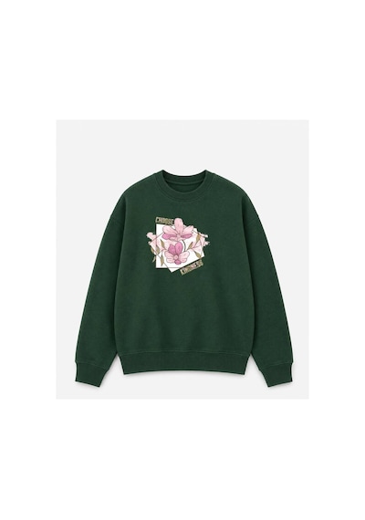 Herkesemoda Choose Çiçek Baskılı 2 İplik Şardonlu Bisiklet Yaka Sweatshirt Yeşil