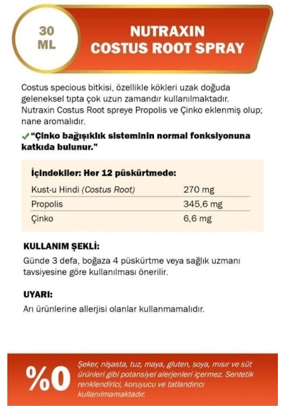 Nutraxin Costus Root Spray 30 Ml - Kusti Hindi Boğaz Spreyi