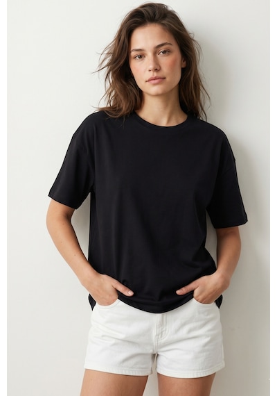 Elemge Pamuk Süprem Tok Kumaş Kadın Boxy Fit Siyah T-shirt Bol Kesim Düşük Omuzlu Bisiklet Yaka Oversize Tişört