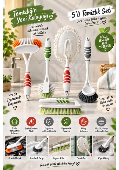 5'li Fırça Seti - Banyo, Bulaşık, Lavabo, Toz Alma Ve Halı, Yer Fırçası - Tek Set İle Tüm Işler