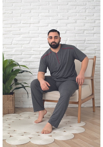 Tampap Erkek Kısa Kollu Büyük Beden Battal Pamuklu Pijama Takımı Gri