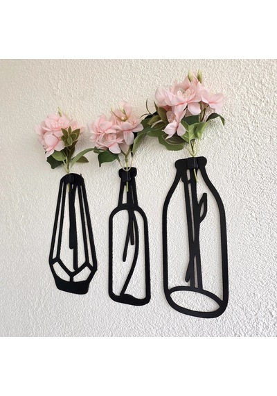 Pembe Yasemin Çiçekli Dekoratif Tablo 3 Lü Set - Siyah