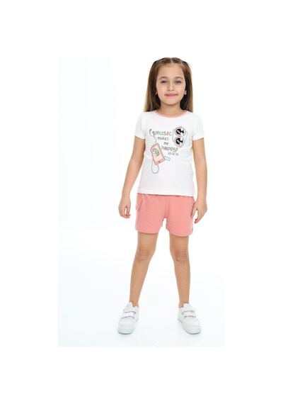 Toontoy Kids Toontoy Kız Çocuk 2'li Takım Baskılı Bisiklet Yaka T-shirt & Beli Lastikli Tek Cepli Şort Mercan