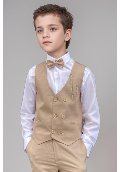 Riccotarz Erkek Çocuk Cepken Yelekli Camel Takım Elbise 10-14 Yaş Camel