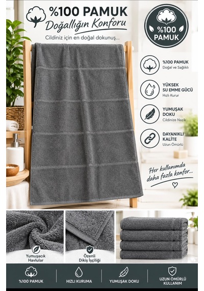 Banyo Havlusu %100 Pamuk 70 140 Koyu Gri