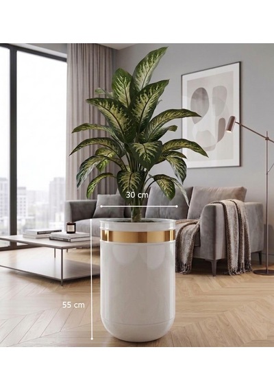 Dekoratif Glossia 55 Cm Beyaz Gold Darbuka Saksı