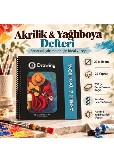 Akrilik & Yağlı Boya Çizim Defteri 200x200mm 250 Gr 24 Yaprak Derin Dokulu