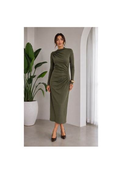 Gül&can Butik Haki Yeşili Drapeli Triko Midi Elbise Haki