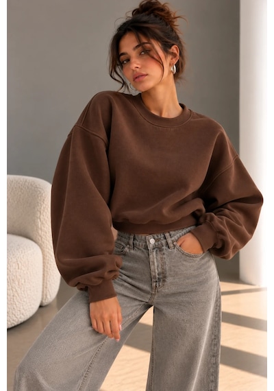 Bbbutikbasic 3 İplik Şardonlu Kısa Sweatshirt Bisiklet Yaka Kadın 3 İplik Şardonlu My3535 Kahverengi
