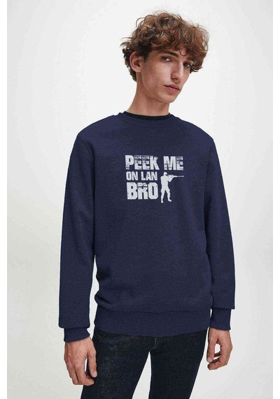 Pubg Peek Me On Lan Bro Baskılı Indigo Mavi Erkek Örme Sweatshirt