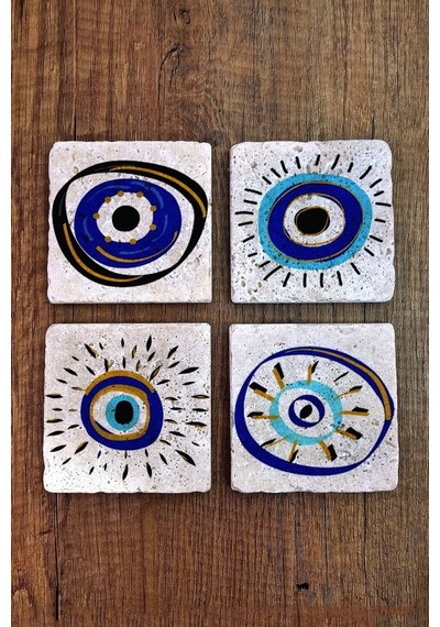 Doğal Taş Bardak Altlığı Nazar Boncuğu Baskılı 4'lü Set - Stone Coasters 273 Çok Renkli