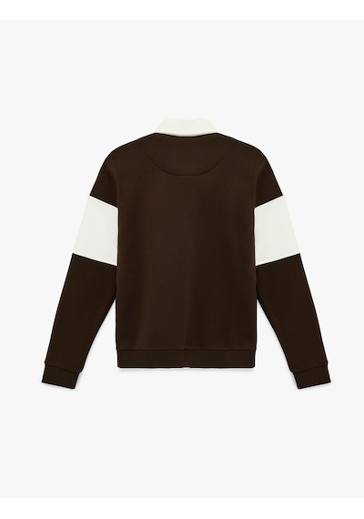 Koton Uzun Kollu İşlemeli Renk Bloklu Polo Yaka Sweatshirt Kahverengi 6sam70030mk Kahverengi