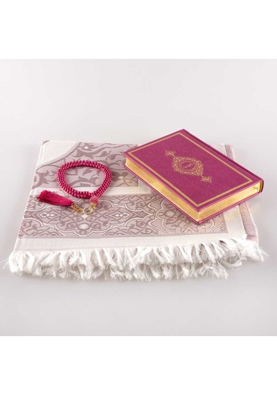 Seccade + Tesbih + Kuran Hediye Seti (Hafız Boy, Fuşya Pembe)
