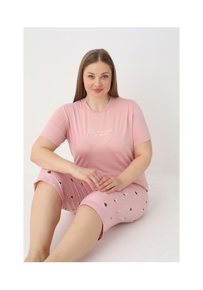 Estiva Kadın Kalp Alt Desenli Pembe Kısa Kollu Kaprili Soft Battal Pijama Takımı Çok renkli