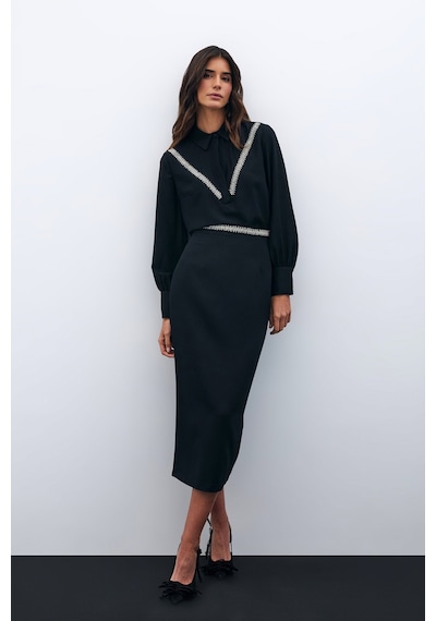 Sateen Bel Aksesuarlı Midi Etek - Siyah-135584 Siyah
