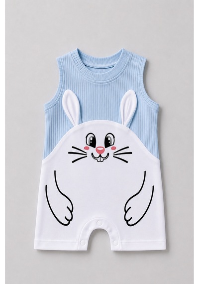Babyden's Erkek Bebek Tavşan Desenli Yazlık Tulum Fitilli Pamuklu Kolsuz Bebek Tulumu Çıtçıtlı Romper 0-9 Ay Mavi