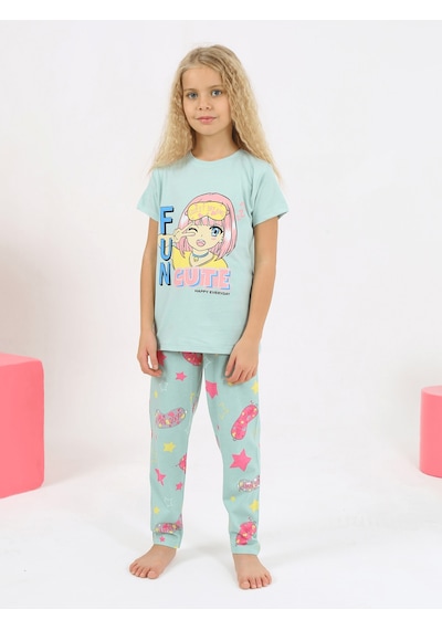 Kız Çocuk Kısa Kollu %100 Pamuklu Fun Cute Pijama Takımı Mint