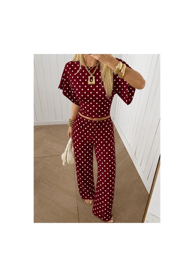 Wild Flower Kadın Puantiyeli İkili Takım Crop Bluz Bol Paça Pantolon Bordo