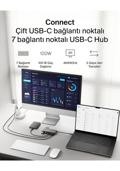 Belkin Avc023 7in1 100w Usb-c Multiport Hub 2x Usb-c , 2x Usb-a , 1x Hdmı 4k 60hz , Sd&micro Sd Card Reader - Uzay Grisi