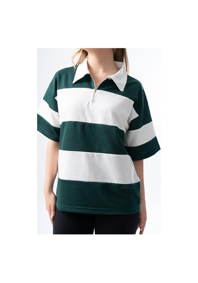 Kadın Polo Yaka Çizgili Oversize T-shirt 001