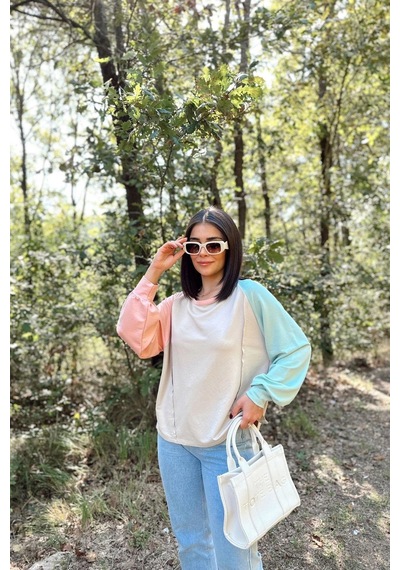 WeShaya Kadın Bej Uzun Balon Kol, Yuvarlak Yaka, Kolları Double Color Block Basic Sweatshirt Bluz Bej