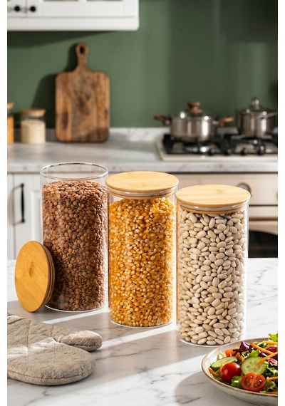 Porsima 2-3 Bambu Vakumlu Kapaklı Yuvarlak Borosilikat Cam 3lü Kavanoz Seti Saklama Kabı 1300ml 10x20cm