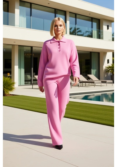 Benerly Kadın Alt Üst Polo Yaka Fitilli Triko Kazak Geniş Paça Pantolon T Pembe