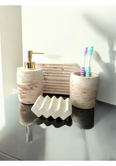 Marble Serisi Bej Sıvı Sabunluk Ve Diş Fırçalık Seti Gri