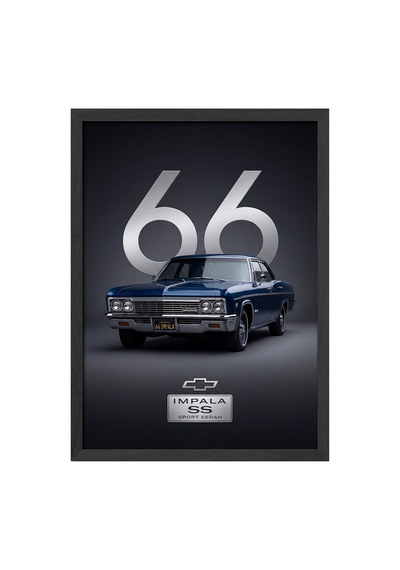 Chevrolet İmpala 66 Siyah Ahşap Çerçeveli Poster, Dekoratif Araba Duvar Tablosu