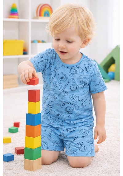 Aden Kids Erkek Çocuk Mavi Saferi Baskılı Yazlık Pijama Takımı Açik Mavi