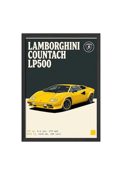 Lamborghini Countach Lp500 Siyah Ahşap Çerçeveli Poster, Dekoratif Araba Duvar Tablosu