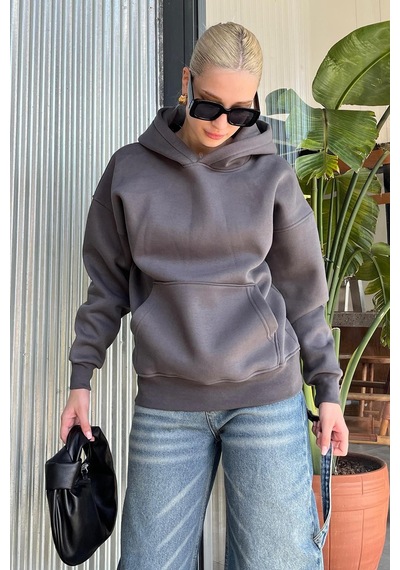 Füme Kapüşonlu Şardonlu Oversize Cepli Sweatshirt Mg2206