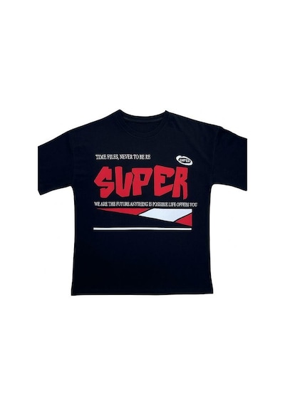Ekkokids Çocuk Super Yazılı Pamuklu Oversize T-shirt-16016 SIYAH