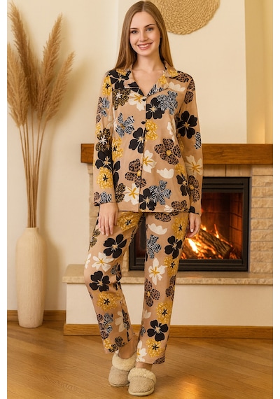 Remsa Kadın Çiçek Desen Saphire Önü Düğmeli Pijama Takımı 0507 Vizon Vizon
